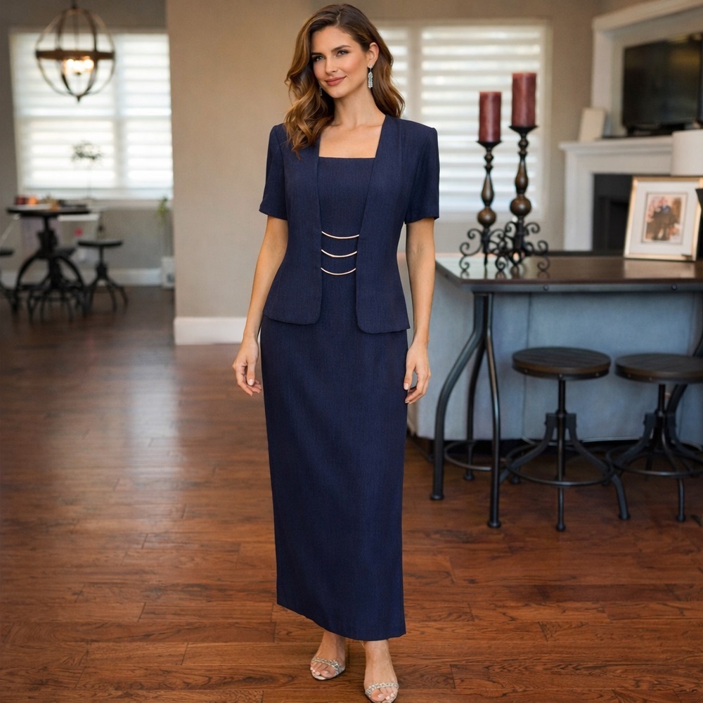 Scarlett Navy Blue Dress Size 10 One Piece Faux 2 Piece Suit Textured Vintage